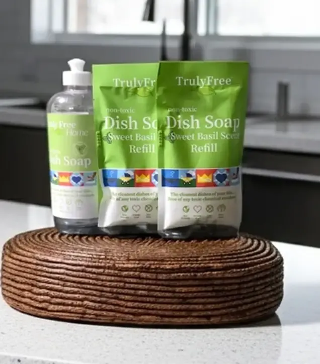 Truly Free cleaning products on a woven basket