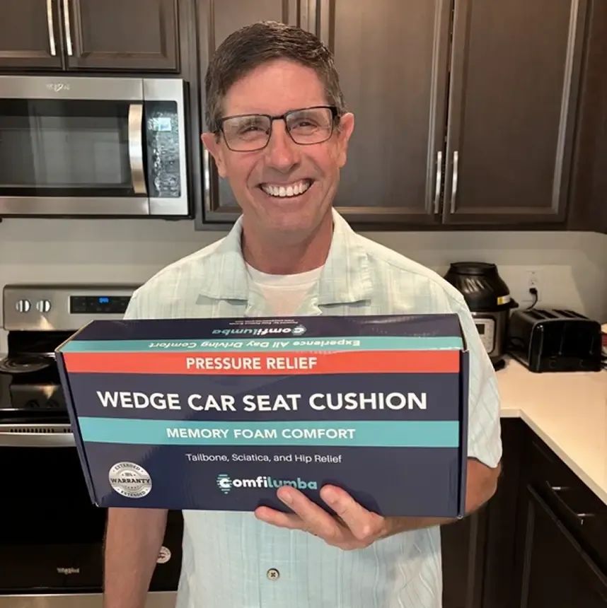 Creator presenting a SweatWear wedge car seat cushion