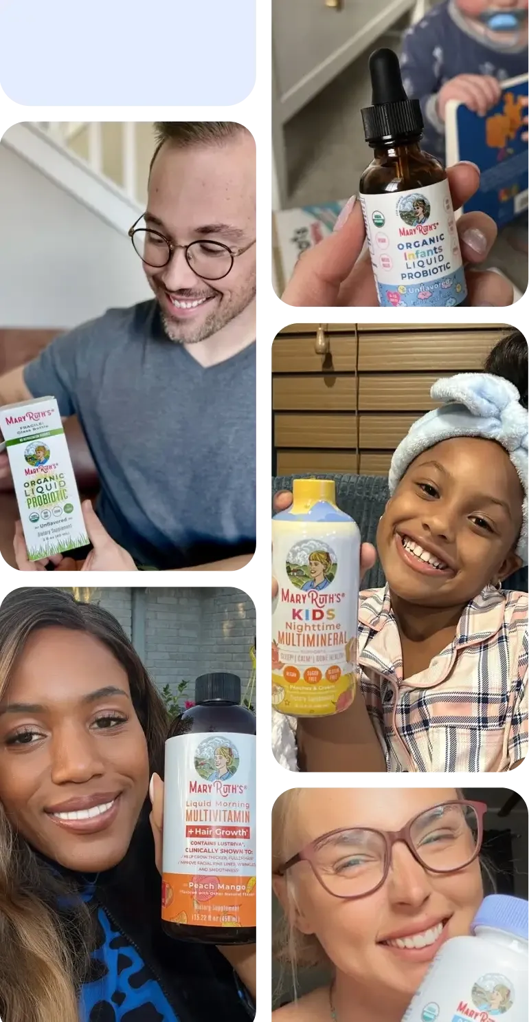 MaryRuth Organics creators holding liquid probiotic, multivitamin and kids multimineral bottles
