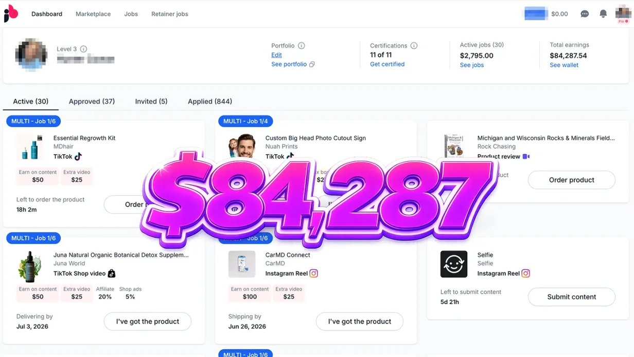JoinBrands creator dashboard with $84,287 in total earnings